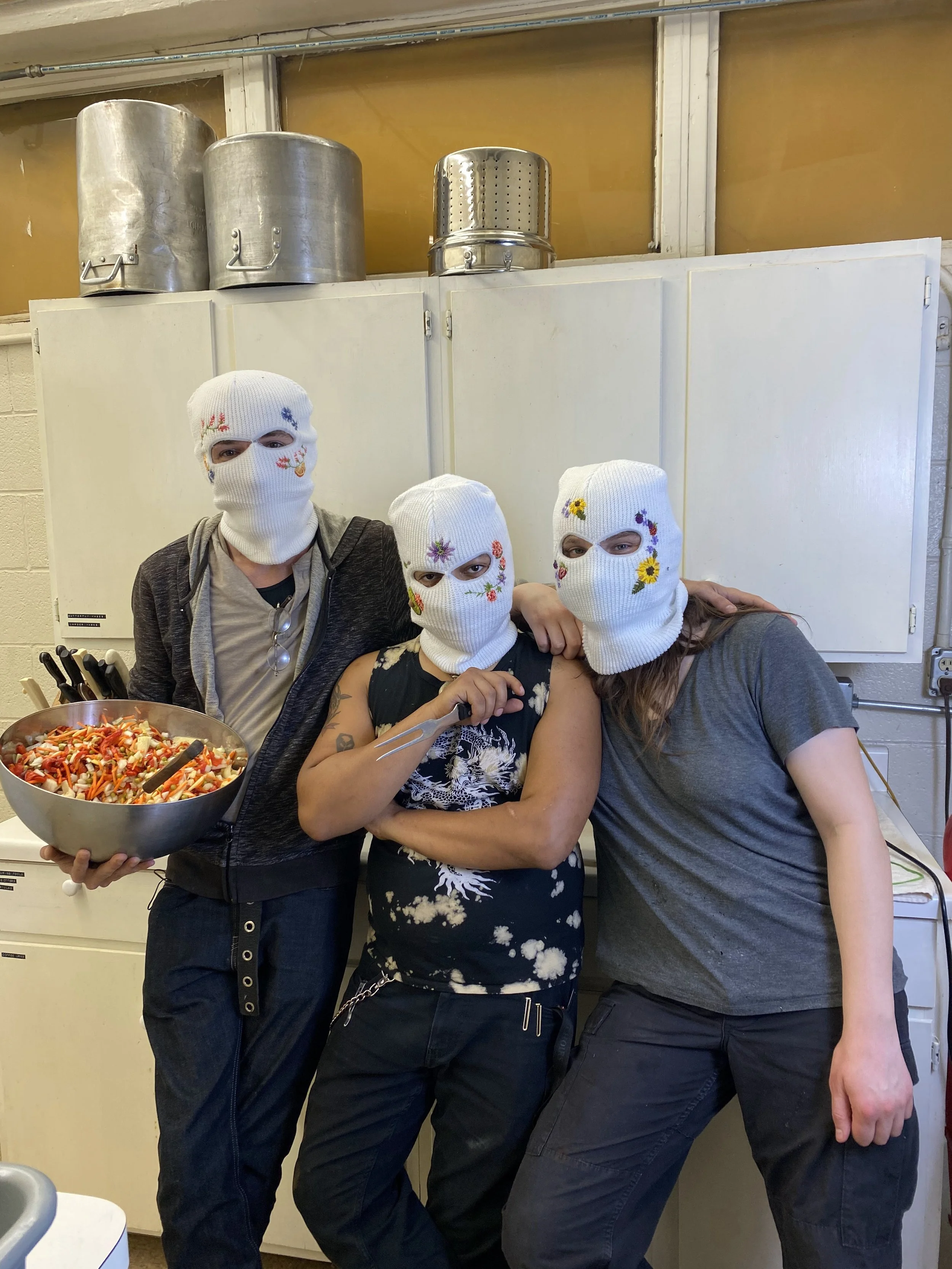 Antifa Balaclavas number three — textile balaclavas displayed as wearable protective art